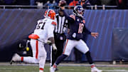 Caleb Williams gets a pass off before Mike Hall can arrive for the Browns in Sunday's 31-3 Bears victory.