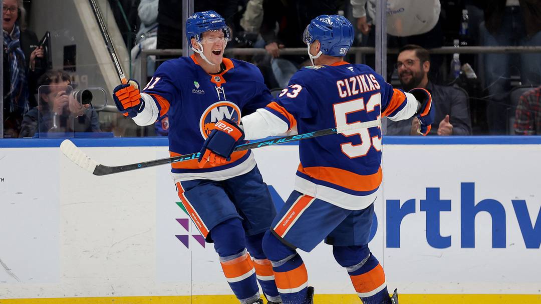 Oct 3, 2026; Elmont, New York, USA; New York Islanders left wing Ondrej Palat (81) celebrates his goal against the New Jersey Devils with center Casey Cizikas (53) during the third period at UBS Arena. Mandatory Credit: Brad Penner-Imagn Images Oct 3, 2026; Elmont, New York, USA; New York Islanders left wing Ondrej Palat (81) celebrates his goal against the New Jersey Devils with center Casey Cizikas (53) during the third period at UBS Arena. Mandatory Credit: Brad Penner-Imagn Images