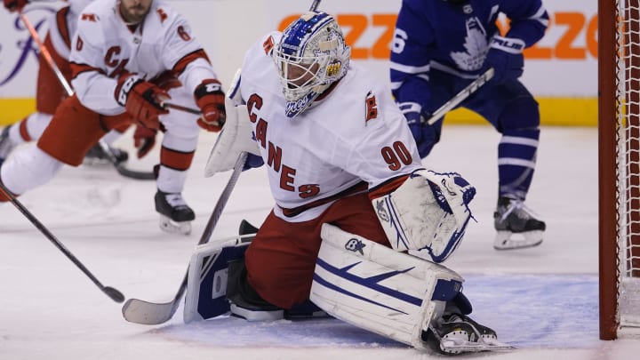 Feb 22, 2020; Toronto, Ontario, CAN; Carolina Hurricanes emergency goaltender David Ayres (90) defends the goal  against the Toronto Maple Leafs at Scotiabank Arena. Carolina defeated Toronto. Mandatory Credit: John E. Sokolowski-USA TODAY Sports