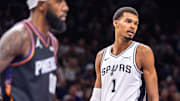 Nov 2, 2025; Phoenix, Arizona, USA; San Antonio Spurs forward Victor Wembanyama (1) reacts after a drawing a foul in the second half against the Phoenix Suns at Mortgage Matchup Center.