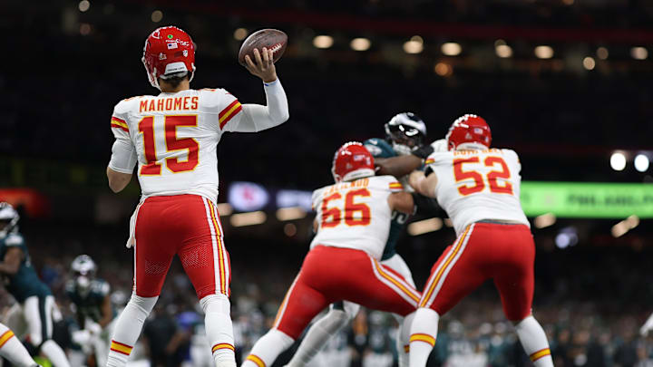 Feb 9, 2025; New Orleans, LA, USA; Kansas City Chiefs quarterback Patrick Mahomes (15) passes the ball from his own end zone against the Philadelphia Eagles during Super Bowl LIX at Caesars Superdome. Mandatory Credit: Geoff Burke-Imagn Images