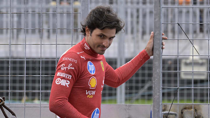 Jun 7, 2024; Montreal, Quebec, CAN; Ferrari driver driver Carlos Sainz (ESP) in the pit lane during the practice session at Circuit Gilles Villeneuve. Mandatory Credit: Eric Bolte-Imagn Images