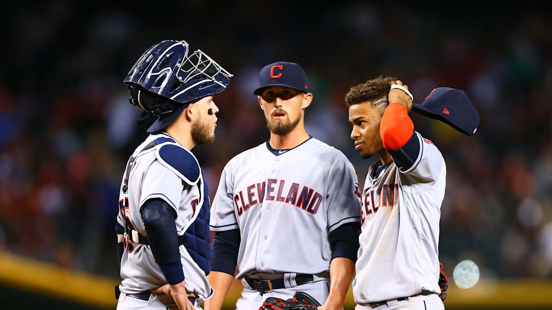 Apr 8, 2017; Phoenix, AZ, USA; Cleveland Indians catcher Yan Gomes (left) with pitcher Shawn Armstrong (center) and shortstop Francisco Lindor react in the eighth inning against the Arizona Diamondbacks at Chase Field. Mandatory Credit: Mark J. Rebilas-Imagn Images