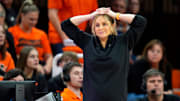 Oklahoma State coach Jacie Hoyt reacts during a women's BIG 12 basketball game between the Oklahoma State University Cowgirls (OSU) and the Kansas Jayhawks at Gallagher-Iba Arena in Stillwater, Okla., Saturday, Jan. 4, 2025.