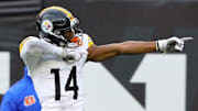 Nov 26, 2023; Cincinnati, Ohio, USA; Pittsburgh Steelers wide receiver George Pickens (14) celebrates his first down reception during the fourth quarter against the Cincinnati Bengals at Paycor Stadium. Mandatory Credit: Joseph Maiorana-Imagn Images