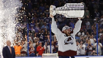 Colorado Avalanche left wing Gabriel Landeskog (92) celebrates after being presented with the Stanley Cup after the game against the Tampa Bay Lightning in game six of the 2022 Stanley Cup Final at Amalie Arena. 