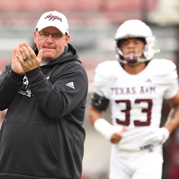 Texas A&M Aggies head coach Mike Elko prior to the game against the Arkansas Razorbacks at Donald W. Reynolds Razorback Stadium.