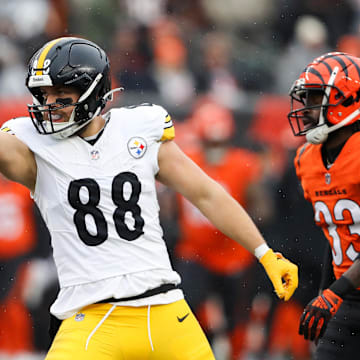 Nov 26, 2023; Cincinnati, Ohio, USA;  Pittsburgh Steelers tight end Pat Freiermuth (88) celebrates after a first down catch during the first quarter against the Cincinnati Bengals at Paycor Stadium. Mandatory Credit: Joseph Maiorana-Imagn Images