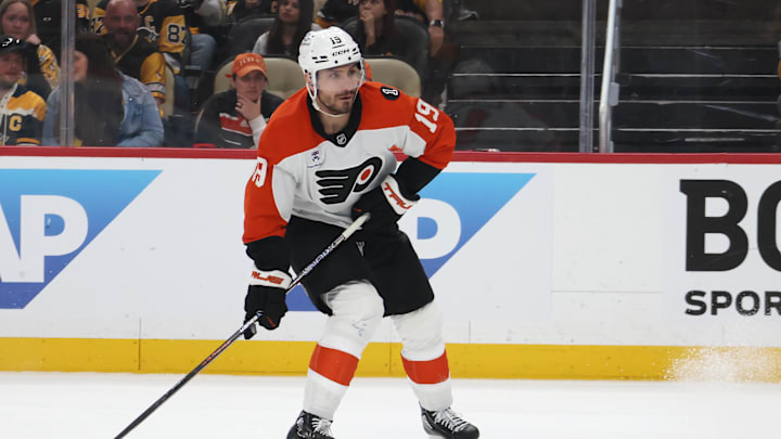 Apr 27, 2026; Pittsburgh, Pennsylvania, USA;  Philadelphia Flyers right wing Garnet Hathaway (19) handles the puck against  the Pittsburgh Penguins during the second period in game five of the first round of the 2026 Stanley Cup Playoffs at PPG Paints Arena. Mandatory Credit: Charles LeClaire-Imagn Images