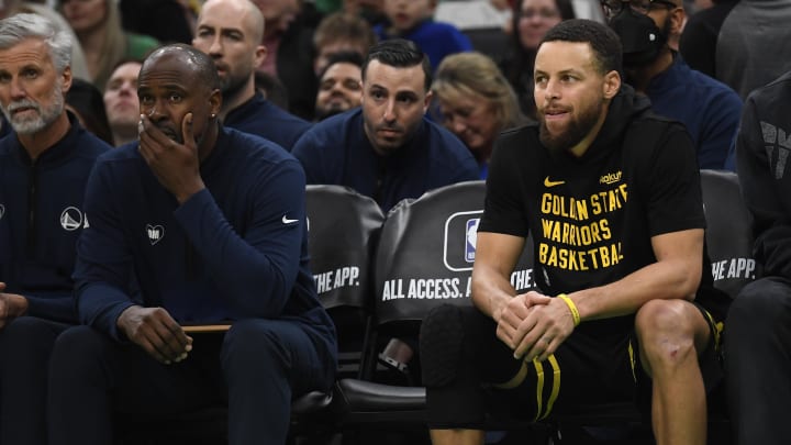 Golden State Warriors guard Stephen Curry (30) sits on the bench during the second half against the Boston Celtics at TD Garden. Mandatory Credit: