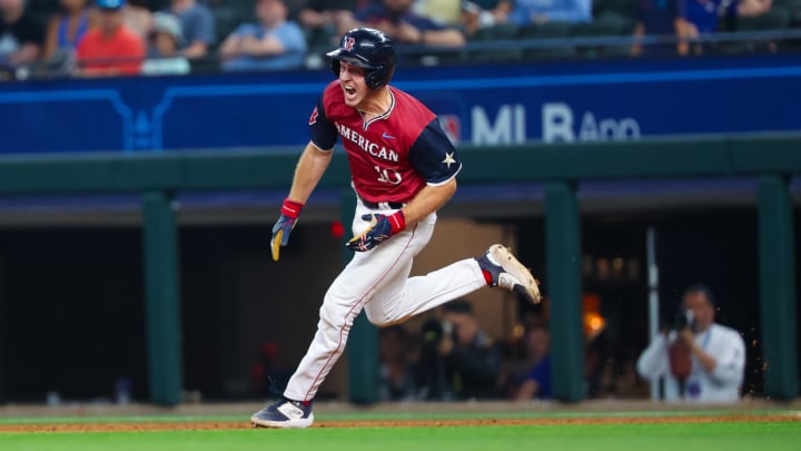 Jul 13, 2024; Arlington, TX, USA; American League Future  infielder Marcelo Mayer (10) reacts while running to second base with a double during the game against the American League Future team during the Major league All-Star Futures game at Globe Life Field.  Mandatory Credit: Kevin Jairaj-USA TODAY Sports