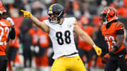 Nov 26, 2023; Cincinnati, Ohio, USA;  Pittsburgh Steelers tight end Pat Freiermuth (88) celebrates after a first down catch during the first quarter against the Cincinnati Bengals at Paycor Stadium. Mandatory Credit: Joseph Maiorana-USA TODAY Sports