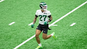 May 9, 2025; Florham Park, NJ, USA; New York Jets rookie safety Malachi Moore (27) participates in a drill during the minicamp at Atlantic Health Jets Training Center. Mandatory Credit: Thomas Salus-Imagn Images