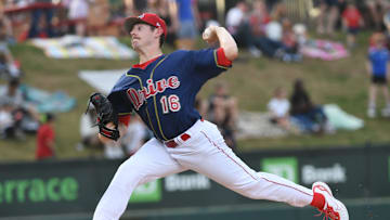 The Greenville Drive took on the Bowling Green Hot Rods at Fluor Field on April 4, 2025.This was the opening day of the season and the 20h Anniversary of the Drive at the park. Greenville Drive's Hayden Mullins (16) on the mound.