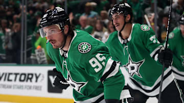 Oct 19, 2024; Dallas, Texas, USA; Dallas Stars left wing Mason Marchment (27) and center Matt Duchene (95) celebrate after a goal in the third period against the Edmonton Oilers and  at American Airlines Center. Mandatory Credit: Tim Heitman-Imagn Images