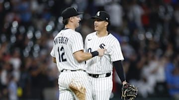Jul 28, 2025; Chicago, Illinois, USA; Chicago White Sox third baseman Colson Montgomery (12) celebrates with first baseman Miguel Vargas (20) team's win against the Philadelphia Phillies at Rate Field. Mandatory Credit: Kamil Krzaczynski-Imagn Images