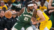 May 2, 2024; Indianapolis, Indiana, USA; Milwaukee Bucks guard Patrick Beverley (21) dribbles the ball against the Indiana Pacers.