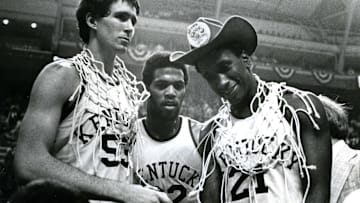March 27, 1978; St. Louis, MO, USA; FILE PHOTO; Kentucky Wildcats center Rick Robey (53) guard James Lee (32) and Jack Givens (21) celebrate a victory over the Duke Blue Devils during the championship game for the 1978 NCAA men basketball tournament. Kentucky beat Duke 94-88. Mandatory Credit: Malcolm Emmons-Imagn Images