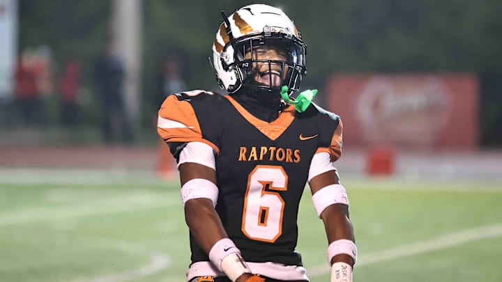 Anderson Raptors defensive back Ace Alston (6) celebrates during their regional championship win over Withrow 49-28 Friday, Nov. 17, 2023.