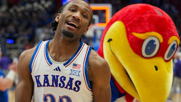 Nov 3, 2025; Lawrence, Kansas, USA; Kansas Jayhawks guard Darryn Peterson (22) reacts after defeating the Green Bay Phoenix at Allen Fieldhouse. Mandatory Credit: Jay Biggerstaff-Imagn Images