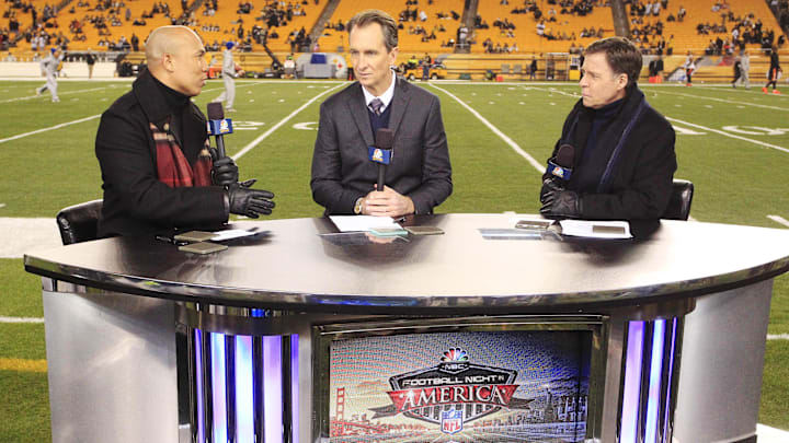 NBC Network television commentators Hines Ward (left) and Cris Collinsworth (middle) and Bob Costas (right) before the Pittsburgh Steelers host the Cincinnati Bengals at Heinz Field in 2024. NBC Network television commentators Hines Ward (left) and Cris Collinsworth (middle) and Bob Costas (right) before the Pittsburgh Steelers host the Cincinnati Bengals at Heinz Field in 2024.