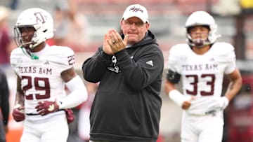 Oct 18, 2025; Fayetteville, Arkansas, USA; Texas A&M Aggies head coach Mike Elko prior to the game against the Arkansas Razorbacks at Donald W. Reynolds Razorback Stadium. Mandatory Credit: Nelson Chenault-Imagn Images