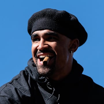 Feb 14, 2025; Philadelphia, PA, USA; Philadelphia Eagles quarterback Jalen Hurts (1) celebrates during the Super Bowl LIX championship parade and rally. Mandatory Credit: Caean Couto-Imagn Images