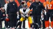 Nov 26, 2023; Cincinnati, Ohio, USA;  Pittsburgh Steelers wide receiver Calvin Austin III (19) catches the ball during the third quarter against the Cincinnati Bengals at Paycor Stadium. Mandatory Credit: Joseph Maiorana-USA TODAY Sports