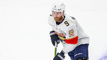 Jun 14, 2025; Edmonton, Alberta, CAN; Florida Panthers center Sam Bennett (9) skates during the warmup period against the Edmonton Oilers in game five of the 2025 Stanley Cup Final at Rogers Place. 
