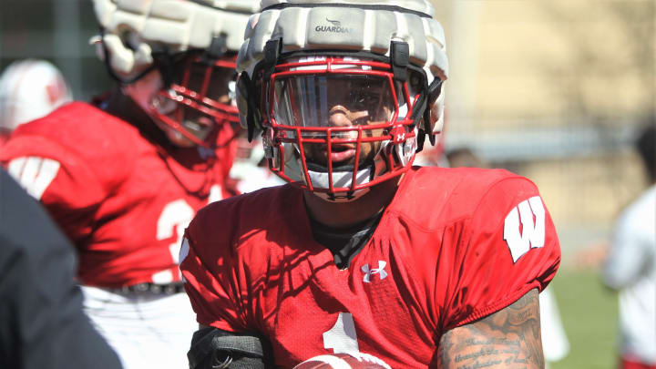 Wisconsin running back Chez Mellusi goes through a drill during spring practice Saturday at Camp Randall Stadium in Madison, Wisconsin on Saturday April 13, 2024.