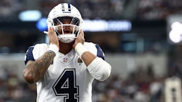 Oct 19, 2025; Arlington, Texas, USA; Dallas Cowboys quarterback Dak Prescott (4) looks on prior to the game against the Washington Commanders at AT&T Stadium. Mandatory Credit: Kevin Jairaj-Imagn Images
