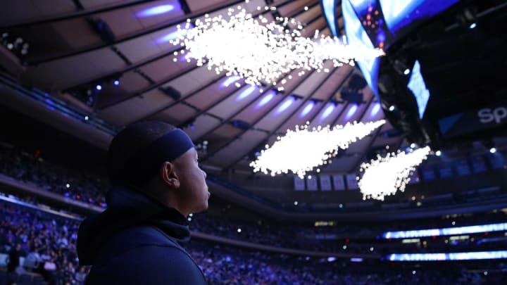 Mar 22, 2019; New York, NY, USA; Denver Nuggets point guard Isaiah Thomas (0) watches the pyrotechnics as the New York Knicks are introduced before a game at Madison Square Garden. Mandatory Credit: Brad Penner-USA TODAY Sports