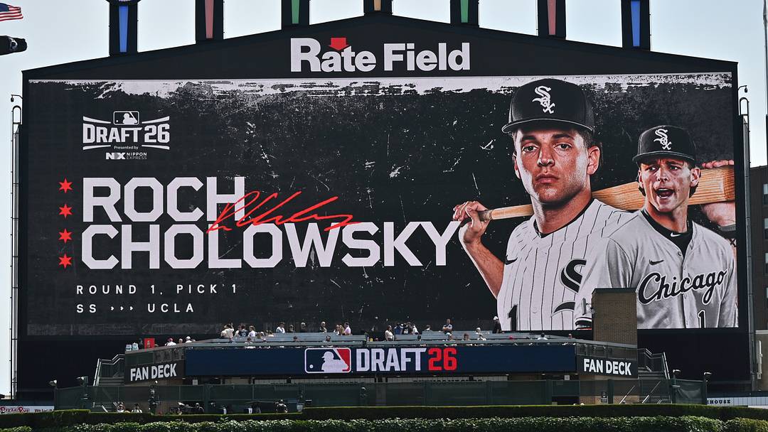 Jul 11, 2026; Chicago, Illinois, USA; The scoreboard is seen as the Chicago White Sox select Roch Cholowsky for the number one draft pick in the 2026 MLB Draft before a game between the Chicago White Sox and the Athletics at Rate Field. Mandatory Credit: Patrick Gorski-Imagn Images Jul 11, 2026; Chicago, Illinois, USA; The scoreboard is seen as the Chicago White Sox select Roch Cholowsky for the number one draft pick in the 2026 MLB Draft before a game between the Chicago White Sox and the Athletics at Rate Field. Mandatory Credit: Patrick Gorski-Imagn Images