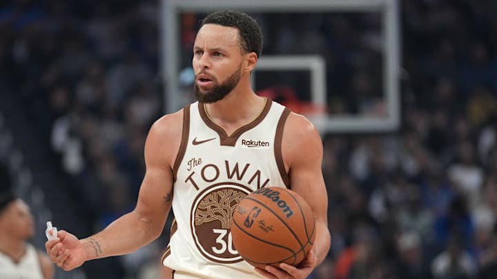 Jan 30, 2026; San Francisco, California, USA; Golden State Warriors guard Stephen Curry (30) reacts after committing a turnover against the Detroit Pistons in the first quarter at the Chase Center. Mandatory Credit: Cary Edmondson-Imagn Images