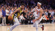 May 6, 2024; New York, New York, USA; Indiana Pacers guard Tyrese Haliburton (0) controls the ball against New York Knicks guard Josh Hart (3) during the fourth quarter of game one of the second round of the 2024 NBA playoffs at Madison Square Garden. Mandatory Credit: Brad Penner-USA TODAY Sports