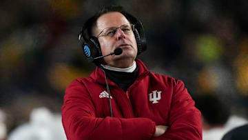 Indiana Hoosiers head coach Curt Cignetti watches the second half of a game between the Indiana Hoosiers and the Notre Dame Fighting Irish in the first round of the College Football Playoff on Friday, Dec. 20, 2024, in South Bend.