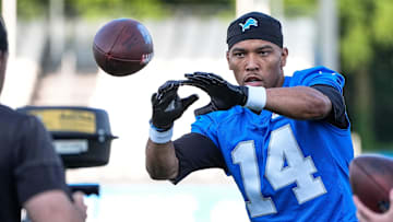 Detroit Lions wide receiver Amon-Ra St. Brown (14) practices during training camp at Meijer Performance Center in Allen Park on Monday, July 21, 2025.