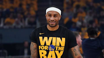 May 10, 2025; San Francisco, California, USA; Golden State Warriors guard Gary Payton II (0) warms up before game three of the second round for the 2025 NBA Playoffs against the Minnesota Timberwolves at Chase Center. Mandatory Credit: David Gonzales-Imagn Images