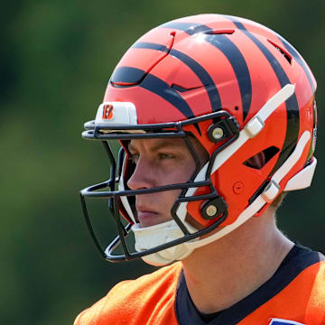 Cincinnati Bengals quarterback Joe Burrow (9) looks on between plays during a session of organized team activities on the Bengals practice field at Paycor Stadium in downtown Cincinnati on Tuesday, June 3, 2025.