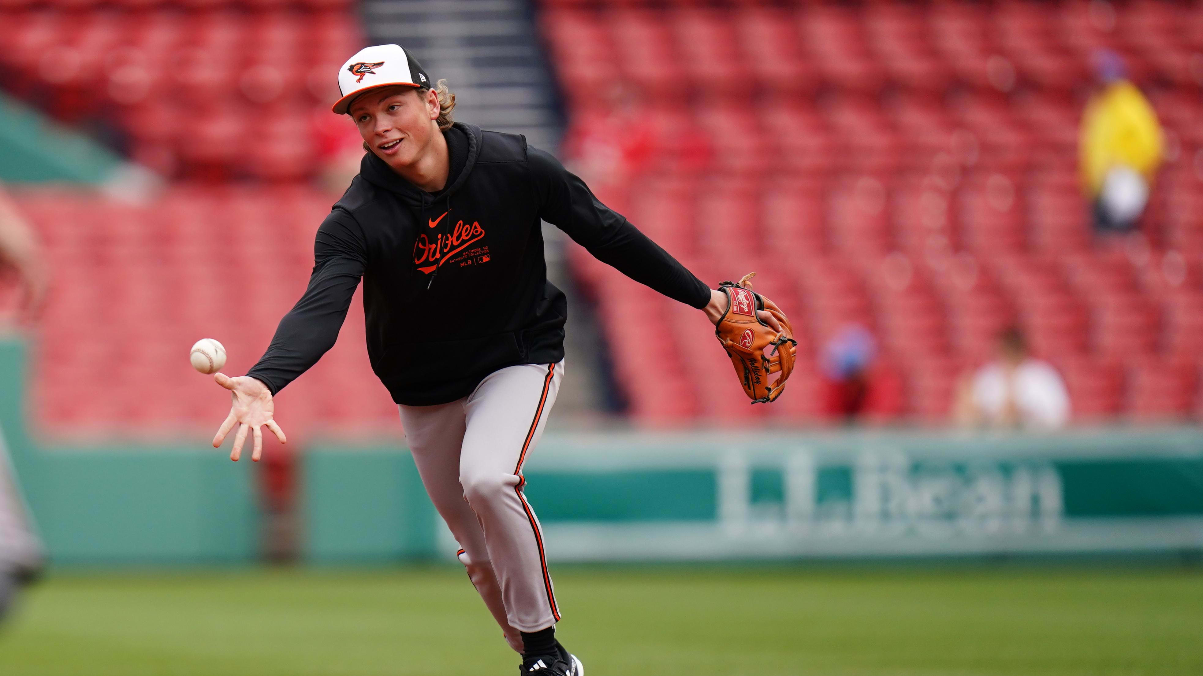 Apr 10, 2024; Boston, Massachusetts, USA; Baltimore Orioles shortstop Jackson Holliday (7) warms up at Fenway Park.