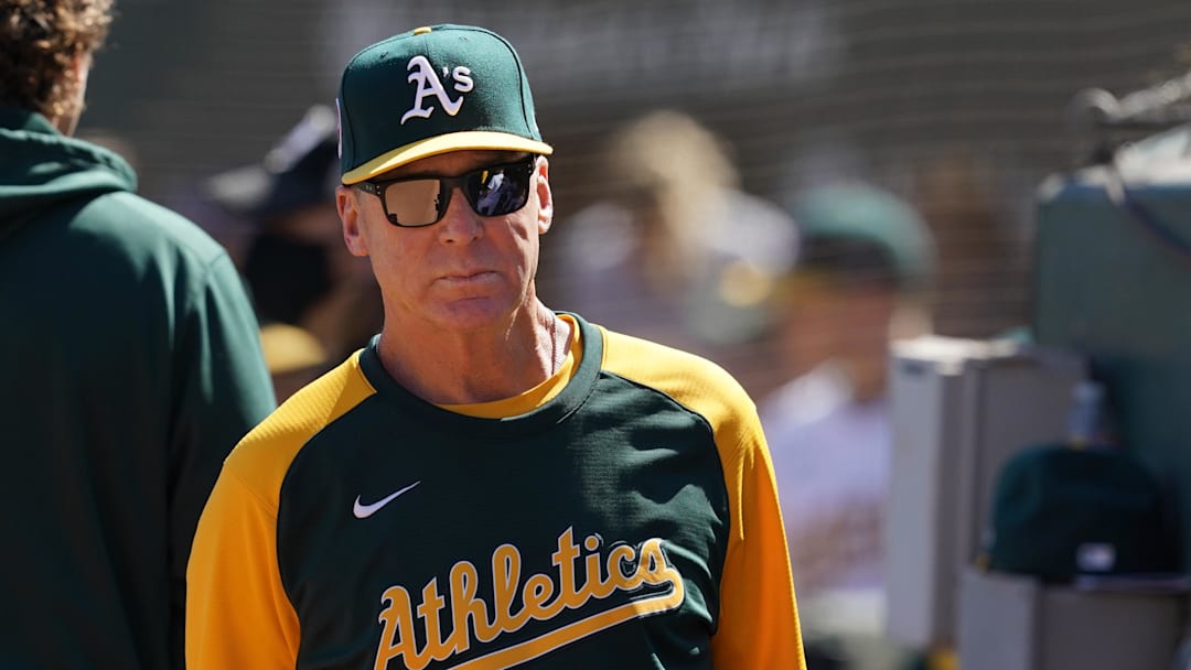 Sep 11, 2021; Oakland, California, USA; Oakland Athletics manager Bob Melvin (6) stands outside of the dugout during the sixth inning against the Texas Rangers at RingCentral Coliseum. Mandatory Credit: Darren Yamashita-Imagn Images