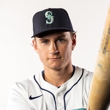 Feb 20, 2025; Peoria, AZ, USA; Seattle Mariners infielder Colt Emerson poses for a portrait during media day at Peoria Sports Complex. Mandatory Credit: Mark J. Rebilas-Imagn Images