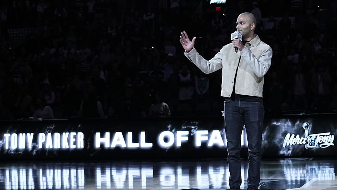 Dec 17, 2023; San Antonio, Texas, USA; Former San Antonio Spurs player and Hall of Fame member Tony Parker honored for his Hall of Fame Induction at halftime of the game against the New Orleans Pelicans at Frost Bank Center. 