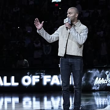 Dec 17, 2023; San Antonio, Texas, USA; Former San Antonio Spurs player and Hall of Fame member Tony Parker honored for his Hall of Fame Induction at halftime of the game against the New Orleans Pelicans at Frost Bank Center. 