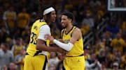  Indiana Pacers guard Tyrese Haliburton reacts with Myles Turner against the New York Knicks during the 2025 NBA Playoffs