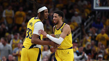  Indiana Pacers guard Tyrese Haliburton reacts with Myles Turner against the New York Knicks during the 2025 NBA Playoffs