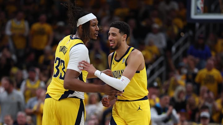 Indiana Pacers guard Tyrese Haliburton reacts with Myles Turner against the New York Knicks during the 2025 NBA Playoffs Indiana Pacers guard Tyrese Haliburton reacts with Myles Turner against the New York Knicks during the 2025 NBA Playoffs