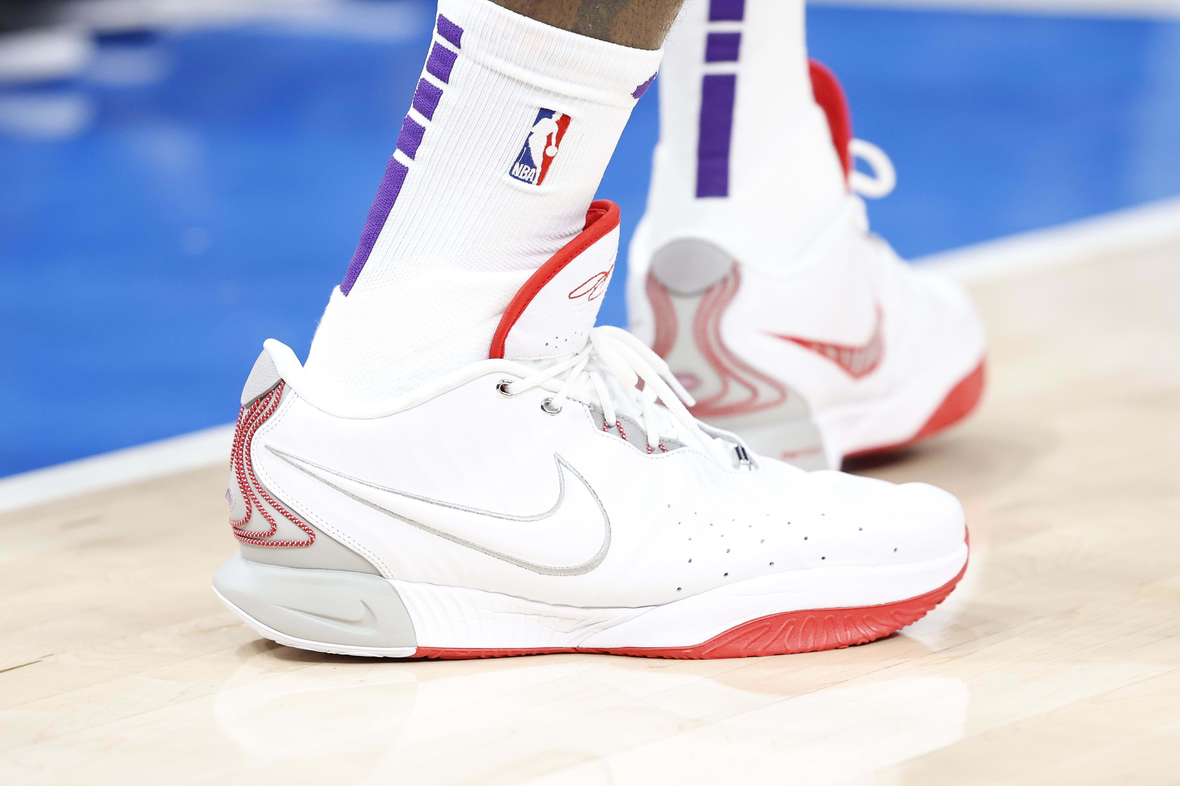 Los Angeles Lakers forward LeBron James' red and white sneakers.