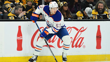 Jan 7, 2025; Boston, Massachusetts, USA; Edmonton Oilers center Jeff Skinner (53) controls the puck during the second period against the Boston Bruins at TD Garden. Mandatory Credit: Bob DeChiara-Imagn Images