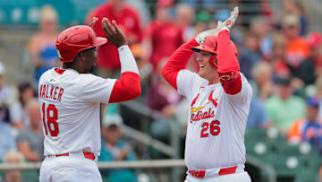 Feb 24, 2025; Jupiter, Florida, USA; St. Louis Cardinals first baseman Luken Baker (26) celebrates with outfielder Jordan Walker (18) after hitting a three-run home run against the New York Mets during the second inning at Roger Dean Chevrolet Stadium. Mandatory Credit: Sam Navarro-Imagn Images